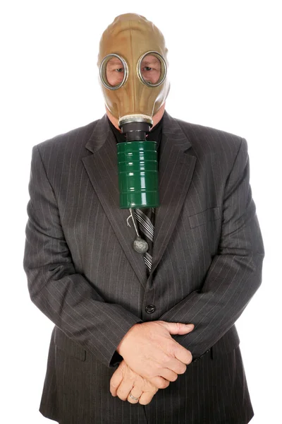 Een Gasmasker Een Zakenman Draagt Een Gasmasker Geïsoleerd Wit Ruimte — Stockfoto