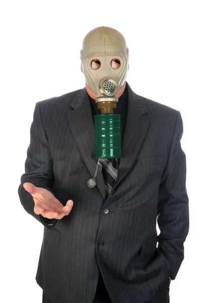 Gasmaske Ein Geschäftsmann Trägt Eine Gasmaske Isoliert Auf Weiß Raum — Stockfoto