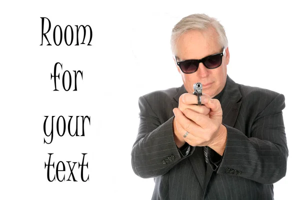Людина Пістолетом Бізнесмен Тримає Руці Маленький Пістолет Ізольовані Білому Кімната — стокове фото
