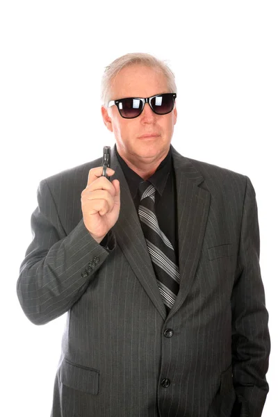 Man Gun Business Man Holds Small Pistol Hand Isolated White — Stock Photo, Image