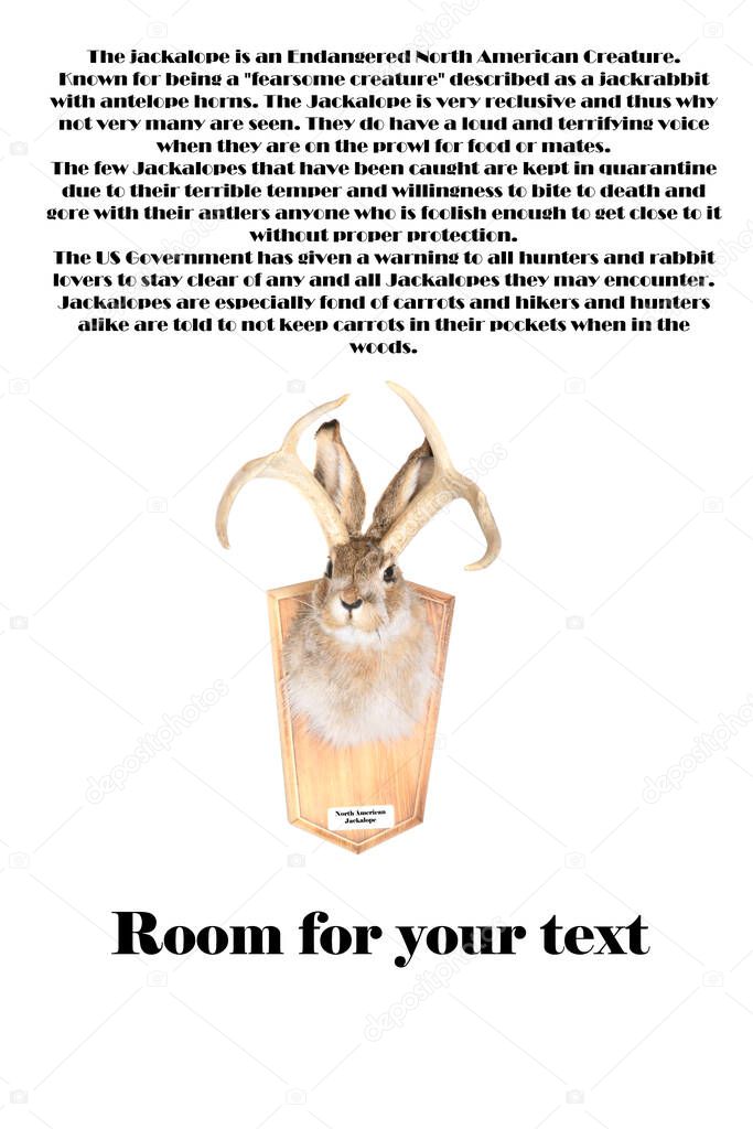 Jackalope. A Bunny with Deer Horns. Taxidermy of a Jackalope on a wooden board. isolated on white. Room for text. clipping Path. The jackalope is a mythical animal of North American folklore Jackalope head mount. 