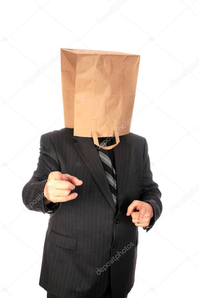 unknown comic. unknown business man. Man with a paper bag over his head. isolated on white. isolated on white. clipping path. Businessman with paper bag on his head. Introverted young man in paper bag is frightened at first time online dating. joker