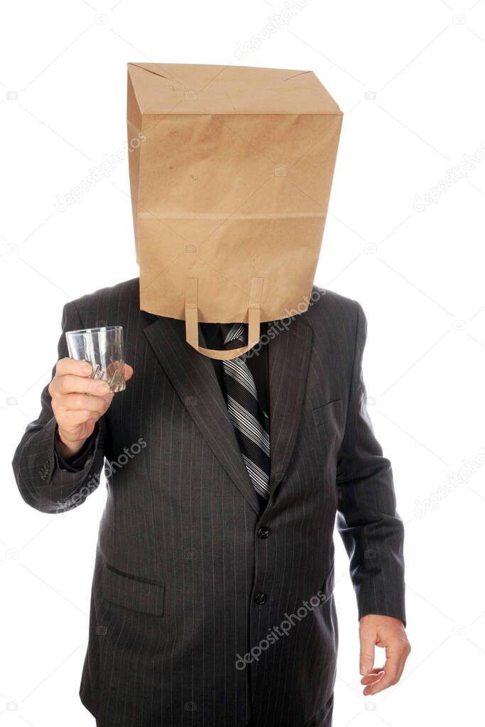 unknown comic. unknown business man. Man with a paper bag over his head. isolated on white. isolated on white. clipping path. Businessman with paper bag on his head. Introverted young man in paper bag is frightened at first time online dating. joker