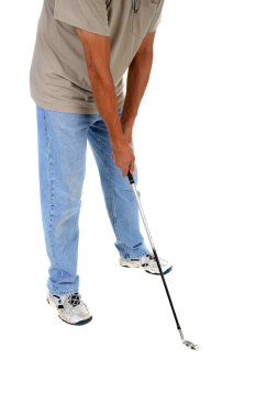 Golf mü? Tanımlanamayan bir adam golf oynuyor. Beyazda izole edilmiş. Mesaj için yer var. Kırpma Yolu. Golfçüler golf oynuyor. Golfçü beyaz üzerine izole ediyor. 