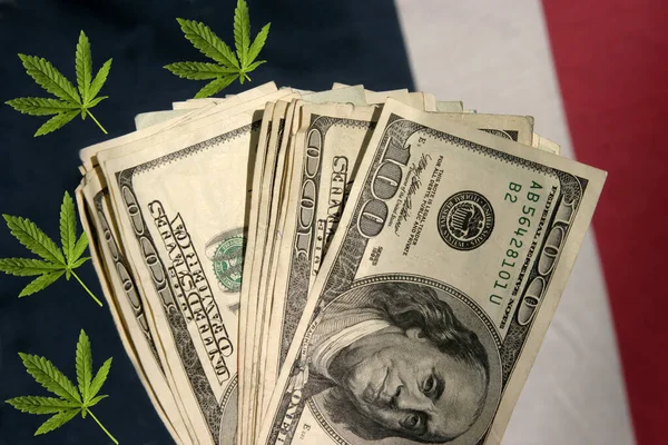 Marihuana Americké Peníze Americká Hotovost Konopí Marihuanový List Stodolarové Bankovky — Stock fotografie