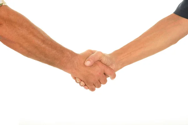 Kézfogás Két Férfi Kezet Fog Elszigetelve Fehérektől Van Hely Sms — Stock Fotó