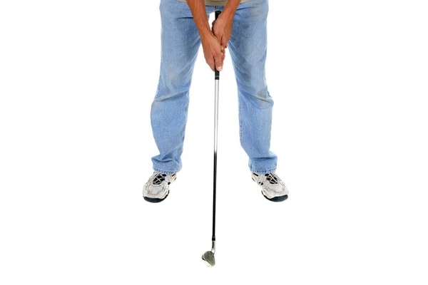 Golf Uomo Non Identificabile Gioca Golf Isolato Bianco Spazio Messaggi — Foto Stock