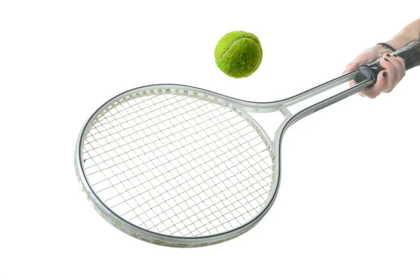 Tenis Raketi Tenis Topu Beyazda Izole Edilmiş Mesaj Için Yer — Stok fotoğraf