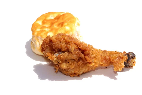 Fried Chicken Fried Chicken Leg Fresh Baked Biscuit Isolated White — Photo