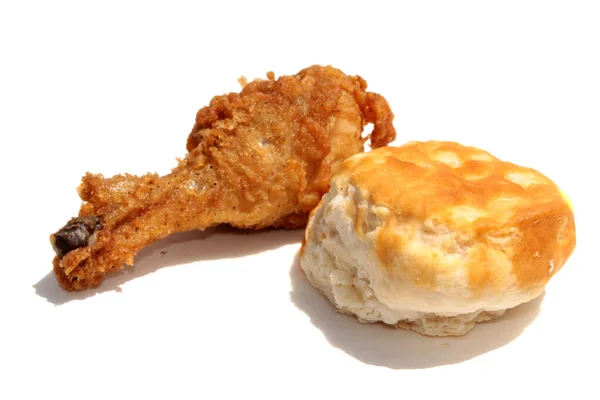 Fried Chicken Fried Chicken Leg Fresh Baked Biscuit Isolated White — Photo