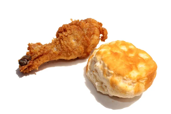 Fried Chicken Fried Chicken Leg Fresh Baked Biscuit Isolated White — Photo