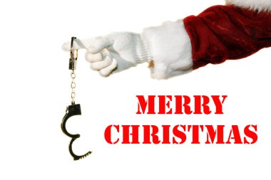 Christmas. Santa Claus Arm Holds a Christmas Box. Christmas Present. Christmas Gift. Isolated on white. Room for text. Clipping Path. Santa Claus Arm. Santa Claus hand holding a Christmas present. 