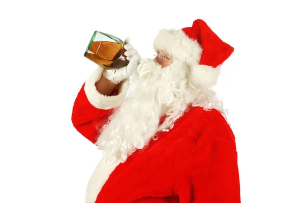 圣诞节 圣诞老人 喝多了的圣诞老人醉生梦死的圣诞老人 圣诞老人预订照片 坏圣诞老人圣诞老人是个坏男孩 某个女士给他留了一瓶白兰地 他立刻喝光了整瓶 圣诞老人被捕了 — 图库照片