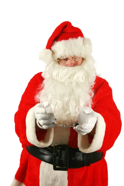 面白いクリスマスだ サンタクロースは逮捕された サンタクロース ショット サンタはハンドカフを着ている間に彼のマグカップショットのために彼の写真を撮影しています サンタは今年は悪くなった 悪いサンタだ サンタクロース ショット サンタクロースクリスマス — ストック写真