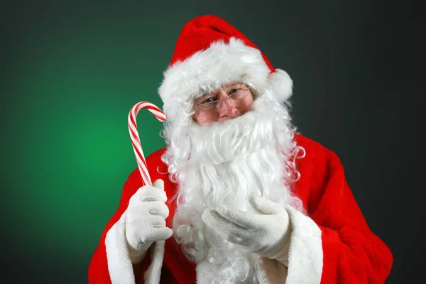 Christmas Santa Claus Holds Candy Cane Candy Canes Christmas Tradition — Zdjęcie stockowe