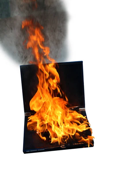 Computer Fire Laptop Computer Engulfed Flames Hot Fire Smoke Fire — Stock fotografie