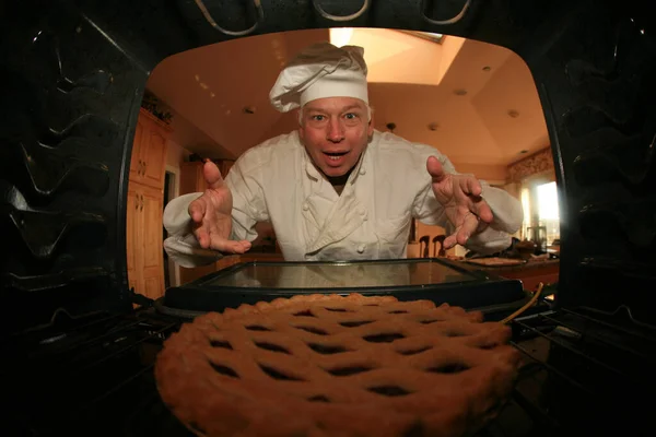 Apple Pie Cherry Pie Baking Chef Baking His Oven Chef — Stockfoto