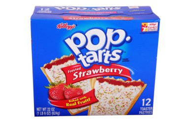 Pop Tart. Ekmek kızartma makinesi. Kahvaltıda. Atıştırmalık Şekerler. Okuldan sonra. Kellogg 'un dondurulmuş çilekli turtalarından bir paket. İllüstrasyon makalesi. Beyazda izole edilmiş. Mesaj için yer var. Yazı işleri. Beyaz üzerine izole edilmiş. Mesaj için yer var. Tadını