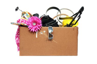 Yard Sale. Tag Sale. Donation. Free. Garage Sale. Cardboard box filled with used items for sale. Isolated on white. Room for text. Clipping Path. Yard Sale items to be sold at a discount in order to make room and make some money at the same time.   clipart