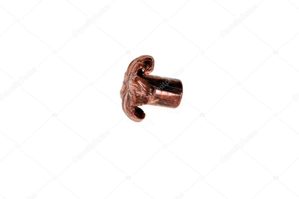 Bullet. Flattened Bullet. Isolated on white. Room for text. Clipping Path. a used and flattened copper plated .45 acp bullet. isolated on white with room for your text. 