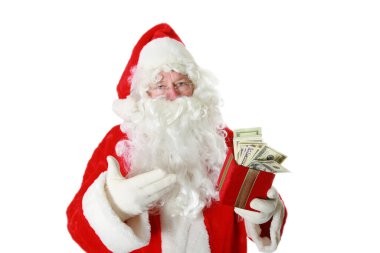 Noel zamanı. Noel Baba. Para için. Noel hediyesi. Noel hediyesi. Noel Baba 'nın elinde içi para dolu kırmızı bir kadife kutu var. Noel Baba sana Noel için para veriyor. Noel Baba 'nın elinde para. İzole edilmiş. Mutlu Noel Baba 100 dolarla. 