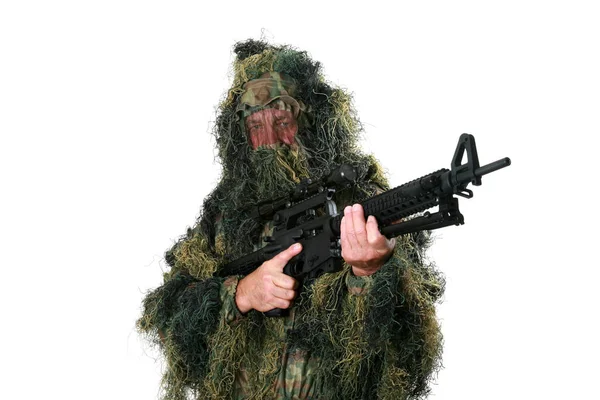 Ghillie Suit Gun Military Camouflage Hunter Sniper Wears Ghillie Suit — Stock Photo, Image