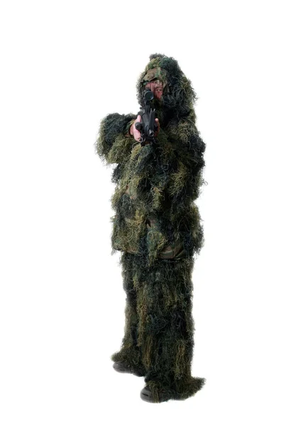 Ghillie Suit Gun Military Camouflage Hunter Sniper Wears Ghillie Suit — Stock Photo, Image