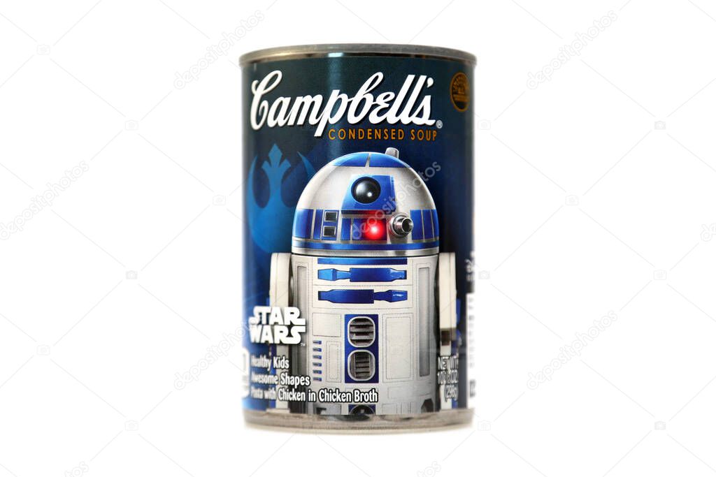 Star Wars. Spaghettio's. Campbell's. Campbell's Spaghettio's. Food. Kids Food. Collector Edition. Limited Edition. Campbell's Star War's Spaghettio's. Campbell's Soup with Limited Collector addition STAR WARS labels. Editorial.