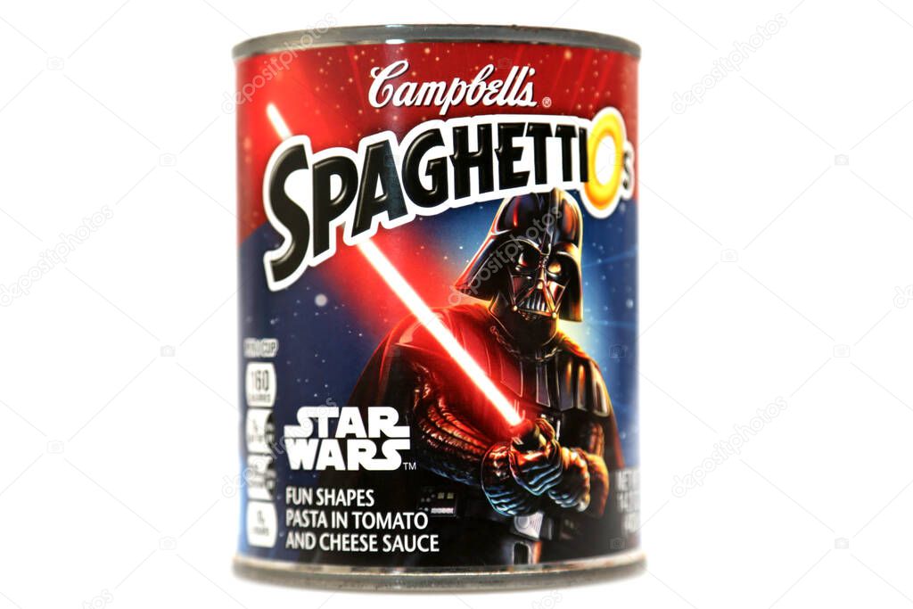 Star Wars. Spaghettio's. Campbell's. Campbell's Spaghettio's. Food. Kids Food. Collector Edition. Limited Edition. Campbell's Star War's Spaghettio's. Campbell's Soup with Limited Collector addition STAR WARS labels. Editorial.