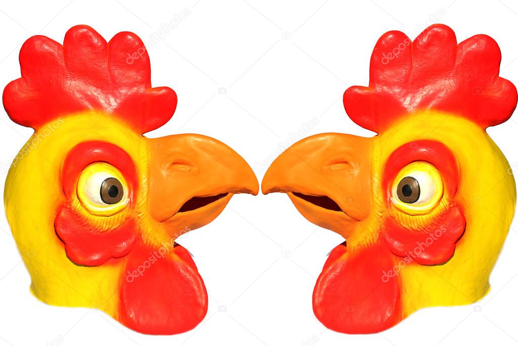 Chicken Head. Photo Booth Prop. Halloween Costume. Chicken Costume. Funny. Generic Rubber Yellow and Red Chicken Head Mask. Isolated on white. room for your text. rubber rooster head costume. 