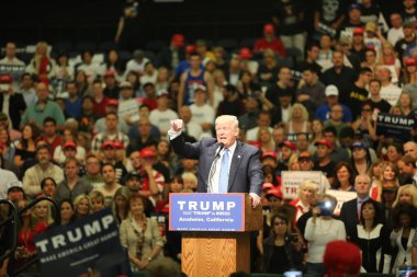 ANAHEIM CALIFORNIA, 25 Mayıs 2016: Cumhuriyetçi başkan adayı Donald Trump, Anaheim California 'daki Anaheim Stadyumu' nda düzenlenen kampanya etkinliğinde binlerce taraftar ve destekçiye konuşma yaptı. Başkan Donald Trump. Başkan Donald J. Trump. Başkan.. 