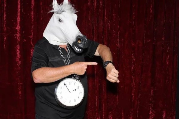 Photo Booth. A man in a Photo Booth. A man Smiles and Poses while he has his picture taken in a Photo Booth at a Party. Photo booth fun. A Man is king of the costume party. Handsome guy. King of party. Costume party. Birthday boy. Horse Head Man.