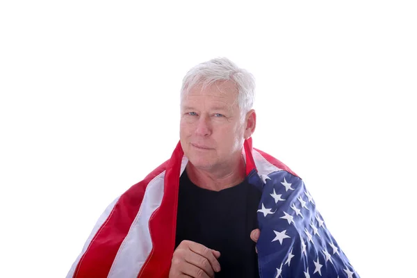 Trotse Amerikaan Amerika Amerikaanse Vlag Amerikaanse Man Geïsoleerd Wit Ruimte — Stockfoto