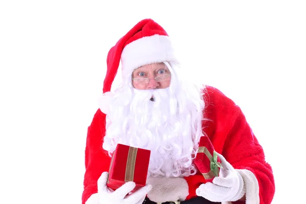 Weihnachten Weihnachtsmann Weihnachtsmann Porträt Der Nikolaus Hält Ein Rotes Weihnachtsgeschenk — Stockfoto