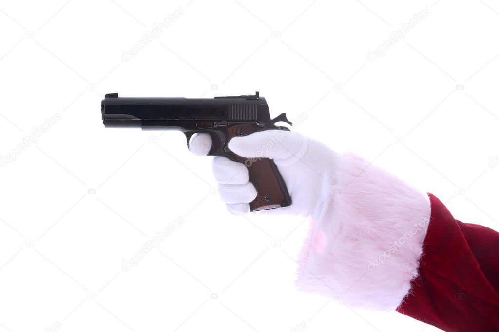 Gun. Pistol. Santa Claus. Christmas. Santa Claus points a gun. Santa Claus holds and points a Pistol. Isolated on white. Room for text. Clipping Path. .45 caliber 1911 Semi Automatic Pistol. .40 Caliber Double Derringer Pistol. Hand Gun. Hand Cannon.