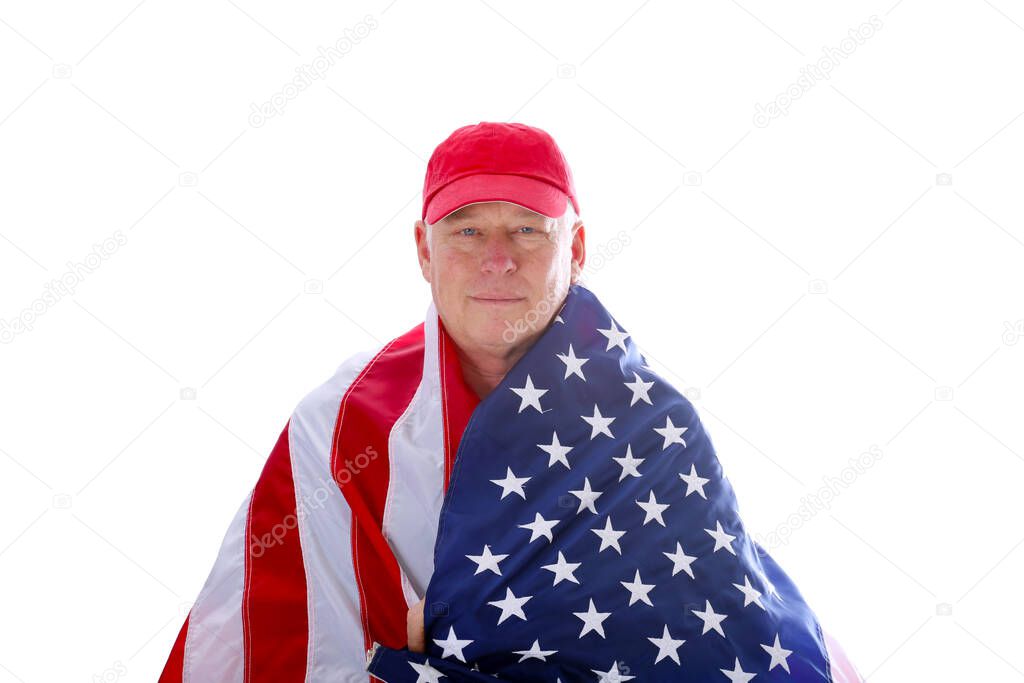 Proud American. America. American Flag. American Man. Isolated on white. Room for text. Patriotic American. Clipping Path. A man wrapped in a large American Flag. Fourth of July. 4th of July. Independence Day. Flag Day. Veterans Day. American Holiday