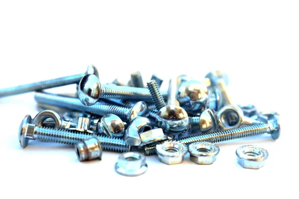 Nuts Bolts Isolated White Room Text Metal Bolts Nuts Chromed — Stock Photo, Image