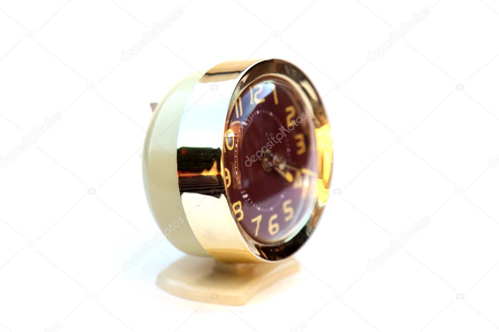 Alarm Clock. Vintage Clock. Wind Up Alarm Clock. Vintage wind up alarm clock pointing to the time of 4:20 am or pm. Isolated on white. room for your text. Retro Style Alarm Clock. Body clock. Sleepy hipster wake up with alarm clock. Check the time.