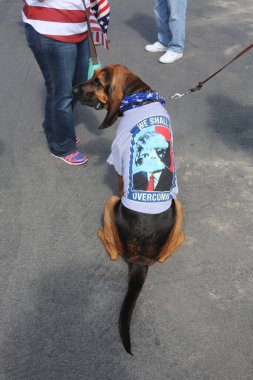 Huntington Sahili, CA - 25 Mart 2017: Amerika 'yı Tekrar Harika Yap Yürüyüşü. Cumhuriyetçi başkan Donald Trump 'ın destekçileri ve protestocuları, Huntington Beach' teki bir MAGA yürüyüşünde bayraklar sallayıp, pankart sallıyorlar. Gururlu Amerikalılar Trump 'ı destekliyor. Başkan Trump.