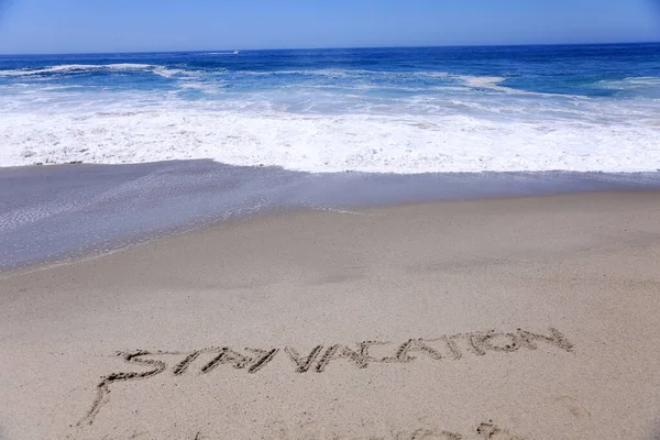 Words Sand Words Written Sand Beach Stay Cation Written Sand — Stock Photo, Image