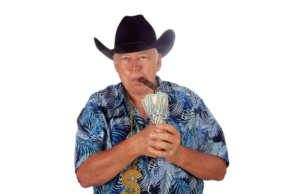 Texas Millionaire Homem Texano Com Dinheiro Mão Isolado Branco Espaço — Fotografia de Stock