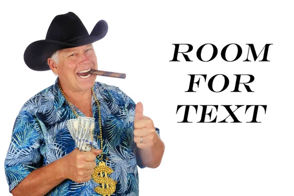 Texas Miljonär Texasmannen Med Kontanter Handen Isolerad Vitt Rum För — Stockfoto