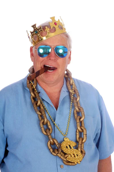 King Photo Booth Homem Feliz Usa Coroa Rei Corrente Ouro — Fotografia de Stock