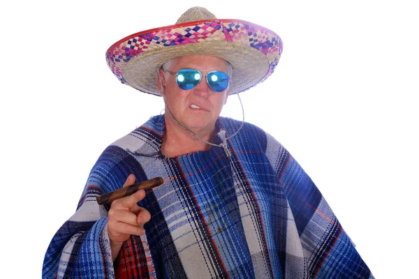 Man Wears Mexican Sombrero Serape Poncho Sunglasses Smokes Big Cigar — Stock Photo, Image