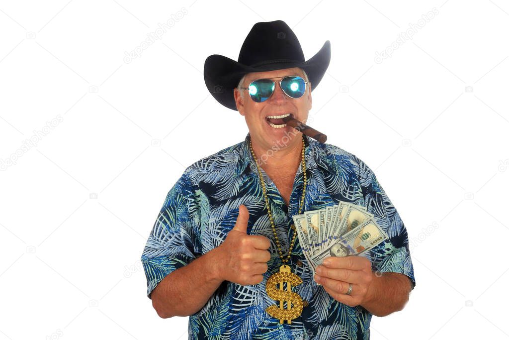 Texas Millionaire. Texan Man with Cash in Hand. Isolated on white. Room for text. Mr. Money. Man. Man with Cash. Cash is King. Money to burn. Money to loan. Cowboy. A business man wears a black cowboy hat. A business man wants to make a deal. 