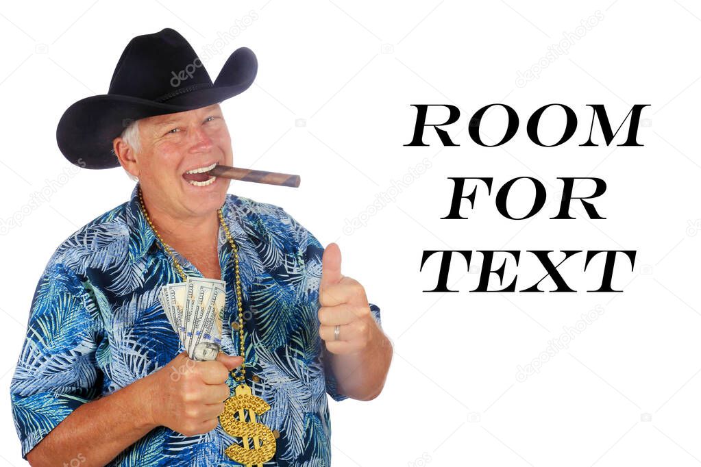 Texas Millionaire. Texan Man with Cash in Hand. Isolated on white. Room for text. Mr. Money. Man. Man with Cash. Cash is King. Money to burn. Money to loan. Cowboy. A business man wears a black cowboy hat. A business man wants to make a deal. 