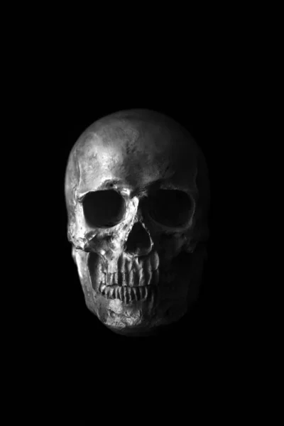 人間の頭蓋骨 ハロウィンだ 怖がってる 気味が悪い ハロウィン ヒューマン スカル ブラックに隔離された不気味な怪物人間の頭蓋骨 夜の人間の頭蓋骨に悪の光 Covid — ストック写真