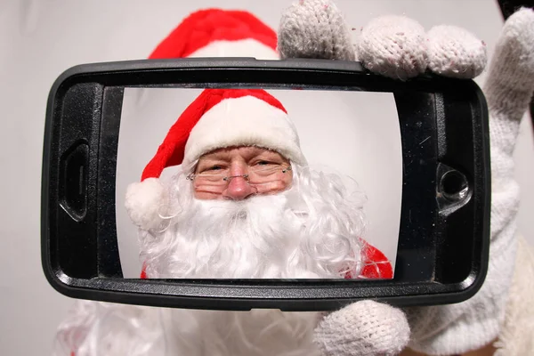 Święta Święty Mikołaj Zdjęcie Booth Mikołaj Pozował Stoisku Fotograficznym Święty — Zdjęcie stockowe