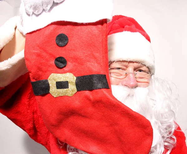 Święta Święty Mikołaj Zdjęcie Booth Mikołaj Pozował Stoisku Fotograficznym Święty — Zdjęcie stockowe