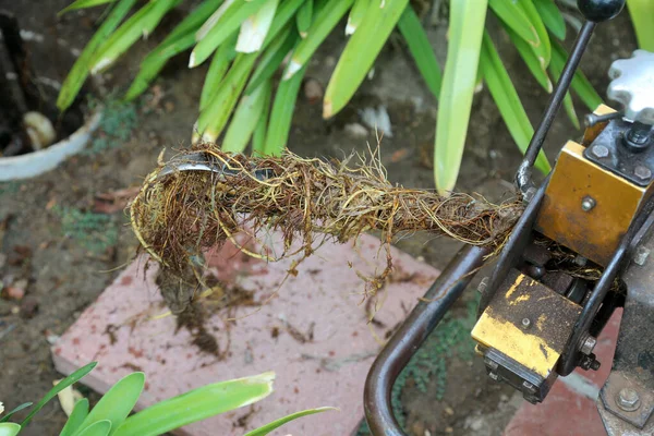 Sewer cleaning. A plumber uses a sewer snake to clean blockage in a sewer line. Plumber holding a drain pipe, providing sewer cleaning service outdoor. Sewage pumping machine is unclogging blocked drain. Plumbing Service. Drain Cleaning. Sewer Drain.